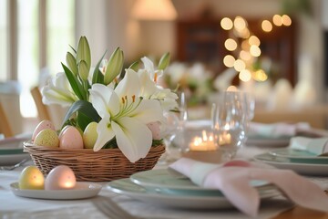 Beautiful Easter dinner table with spring lilies and delicate candle lights