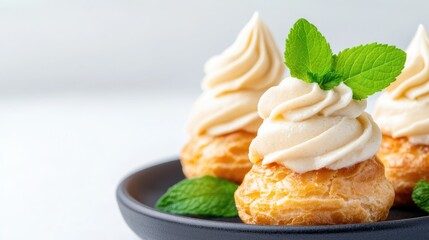 Gourmet Cream Puffs on Dark Plate, Close-up
