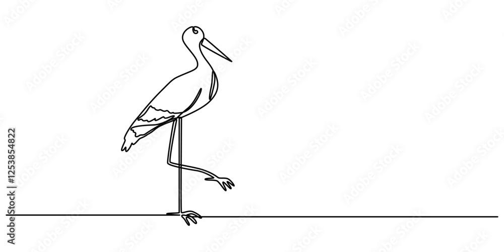 Poster continuous line drawing of stork. template for your design works. vector illustration, heron, egret 
