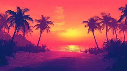 Fototapeta premium Tropical Paradise Silhouette at Vibrant Sunrise for Travel and Adventure Campaigns