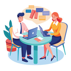 Partners meeting for business discussion with documents and laptop on desk. Couple at round table, speaking, discussing work, partnership. Flat vector on a white background