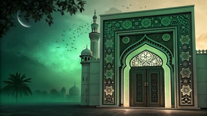 A stunning Islamic archway with golden and green floral patterns, framed by a richly textured background