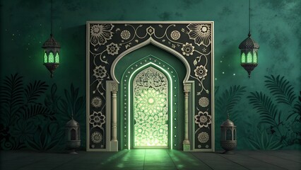 A stunning Islamic archway with golden and green floral patterns, framed by a richly textured background