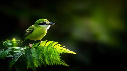 Obraz premium Vibrant Green Bird Perched on Fern
