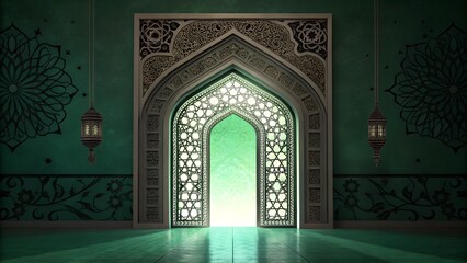 A stunning Islamic archway with golden and green floral patterns, framed by a richly textured background
