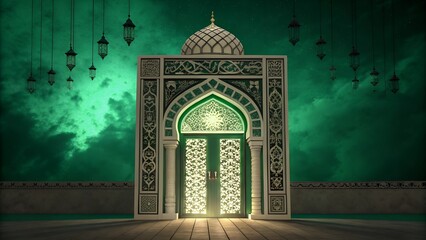 A stunning Islamic archway with golden and green floral patterns, framed by a richly textured background