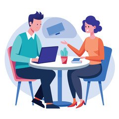 Partners meeting for business discussion with documents and laptop on desk. Couple at round table, speaking, discussing work, partnership. Flat vector on a white background