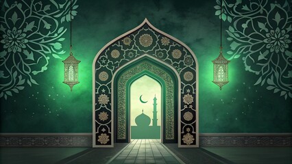 A stunning Islamic archway with golden and green floral patterns, framed by a richly textured background.
