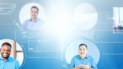 Diverse Team Engaged in Virtual Meeting with Digital Interface Elements on Blue Background. Concept of remote collaboration, teamwork, digital communication, innovation, and technology - Powered by Adobe