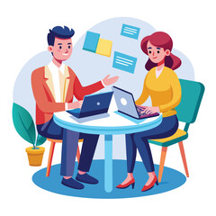 Partners meeting for business discussion with documents and laptop on desk. Couple at round table, speaking, discussing work, partnership. Flat vector on a white background