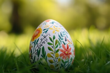 Fototapeta premium Artistic Easter egg with floral patterns, resting on soft green grass