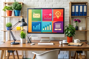 Modern Home Office Computer, Desk, Plants, Bright Workspace