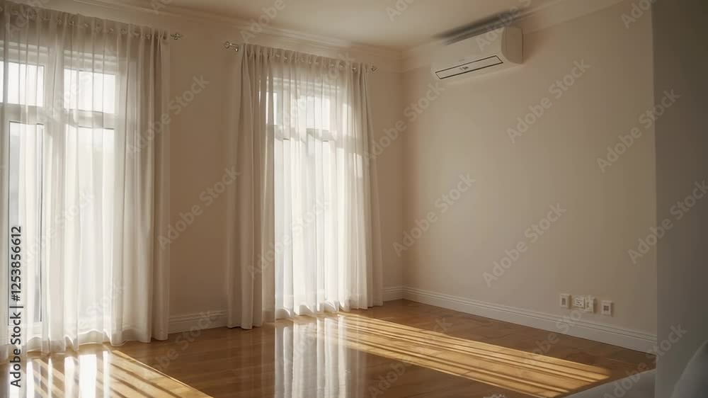 Poster sunlight progressively illuminates a modern living room with an air conditioning unit on the wall an