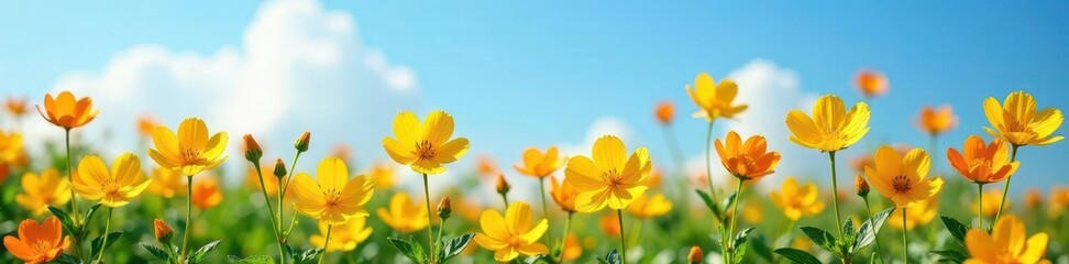 Fototapeta premium Bacopa monnieri flowers in shades of yellow and orange against a blue sky, botany, nature
