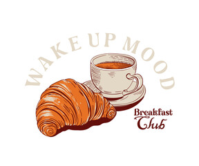 Croissant and coffee vector art, Retro Vintage healthy breakfast club artwork for t shirt, poster, graphic print