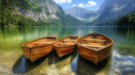 Fototapeta premium Serene Mountain Lake with Wooden Boats