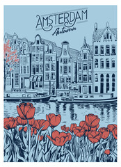 Amsterdam Netherlands hand drawn vector art, Amsterdam autumn tulip cityscape illustration, European vacation destination artwork for t shirt, poster, graphic print