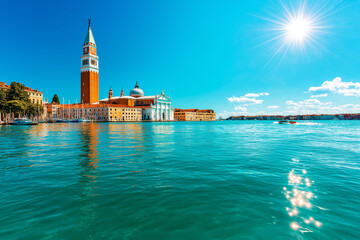 Fototapeta premium Stunning view of Venice with iconic bell tower and vibrant blue water reflecting sun. picturesque architecture and serene atmosphere create captivating scene