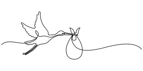 stork holding a baby basket icon continuous one line drawing, Stork Delivering Baby, Stork Brings Cute Newborn Baby Girl or boy, Stork with baby, Stork Carrying a Bundle, Infant delivery, pro vector.