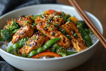 Fototapeta premium Vibrant vegetable stir-fry with tofu home kitchen food photography cozy atmosphere close-up healthy eating