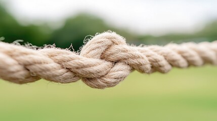 Fototapeta premium Thick natural fiber rope tied in a tight knot outdoors during the day.