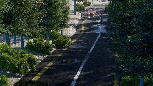 A beautiful, serene, and inviting roadway lined with vibrant trees and lush greenery, creating a tranquil atmosphere, A driving sports car. 4k