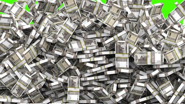 Idian rupee stack drop in full frame green screen
