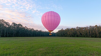 Obraz premium Pink hot air balloon over a grassy field at dawn
