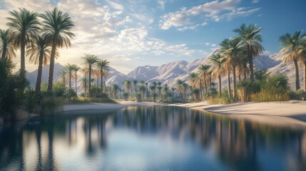 Obraz premium A desert oasis surrounded by palm trees and reflecting water