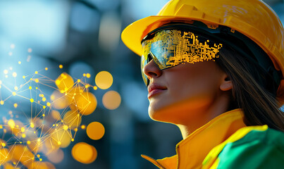 futuristic warehouse worker wearing hard hat and digital glasses, showcasing advanced technology and innovation in vibrant industrial setting