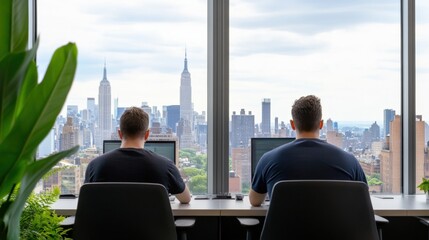 two men working in an Office with a City View
