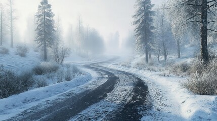 Obraz premium Winter Road Covered with Snow and Ice Leading to a Forest in Soft Morning Light