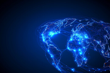 Digital map of global network with glowing connections and nodes. This abstract representation showcases interconnectedness of regions, emphasizing technology and communication