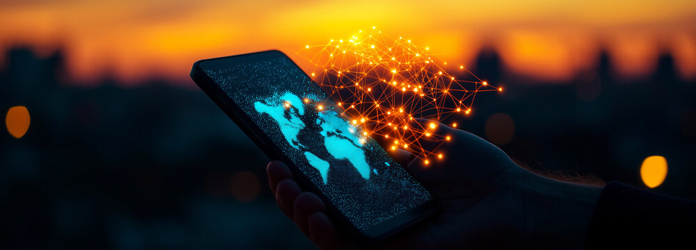 hand holding smartphone displaying digital world map with glowing connections, symbolizing global connectivity and technology - Powered by Adobe