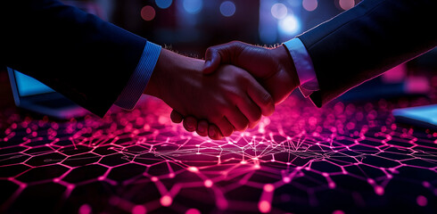 business handshake over digital hexagonal grid background symbolizes partnership and collaboration in technology. vibrant colors enhance modern feel of scene