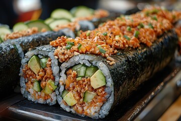 Sushi burrito delight spicy tuna and avocado roll food market culinary creation urban setting close-up fresh fusion