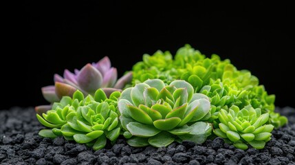 Obraz premium Vibrant green and purple succulent plants arranged in black gravel against a solid dark background.