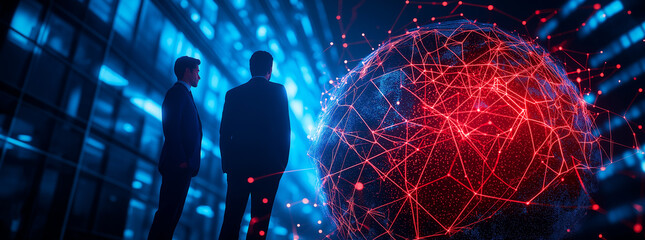 Two business people observing digital globe with network connections, symbolizing global connectivity and technology. scene is illuminated by blue and red lights
