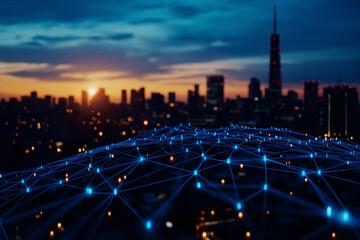Digital network connections over city skyline at sunset, showcasing vibrant urban landscape with glowing lights and sense of connectivity