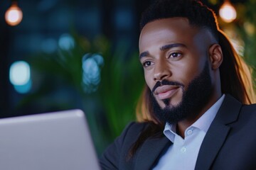 man working on laptop at night