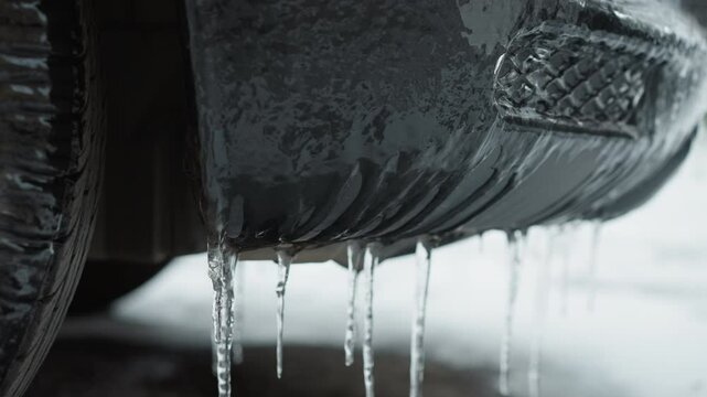 Close-up of icy stalactites hanging from a car's mudguard, showcasing frozen textures and the effect of subzero temperatures on vehicle exteriors