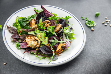 Mussel salad mix of leaves salad and seafood fresh tasty food dish delicious gourmet food background on the table rustic food top view copy space keto and paleo diet Vegetarian food pescetarian diet