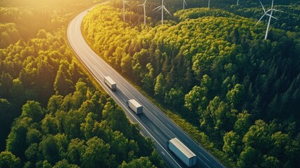 Aerial View of Trucks on a Highway Through Lush Green Forest with Wind Turbines