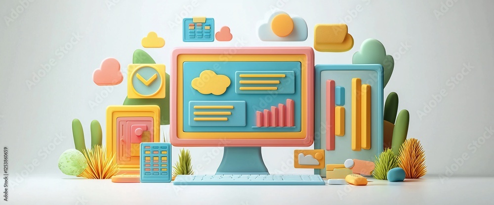 Poster colorful 3d illustration of computer screen displaying data analytics, surrounded by pastel-colored 