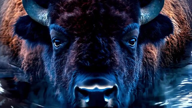 A close-up of a bison partially submerged in water, with its head and face prominently visible.