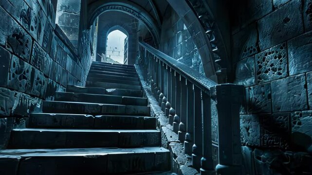 A dimly lit staircase in a stone corridor, evoking a mysterious and ancient atmosphere.