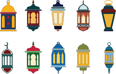 "Collection of Colorful Traditional Lanterns: Features Ten Unique Designs with Vibrant Hues and Intricate Patterns, Representing Cultural and Festive Elements Perfect for Celebrations and Decor."