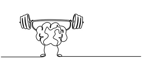 Train Your Brain Concept, Single continuous line drawing of strong muscular human brain lifting barbell logo label. Fresh smart health character logotype icon concept. Modern one line draw graphic pro