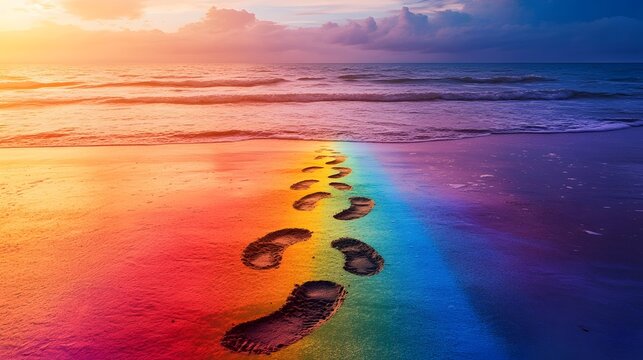 Rainbow Footprints: A Colorful Journey of Wanderlust. Vibrant, whimsical path leading to adventure and exploration. Perfect for travel blogs,         