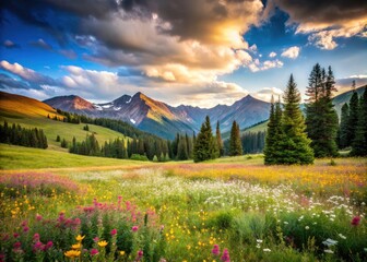 Naklejka premium Minimalist Colorado landscape: Mount Guyot's wildflower meadow at high altitude.